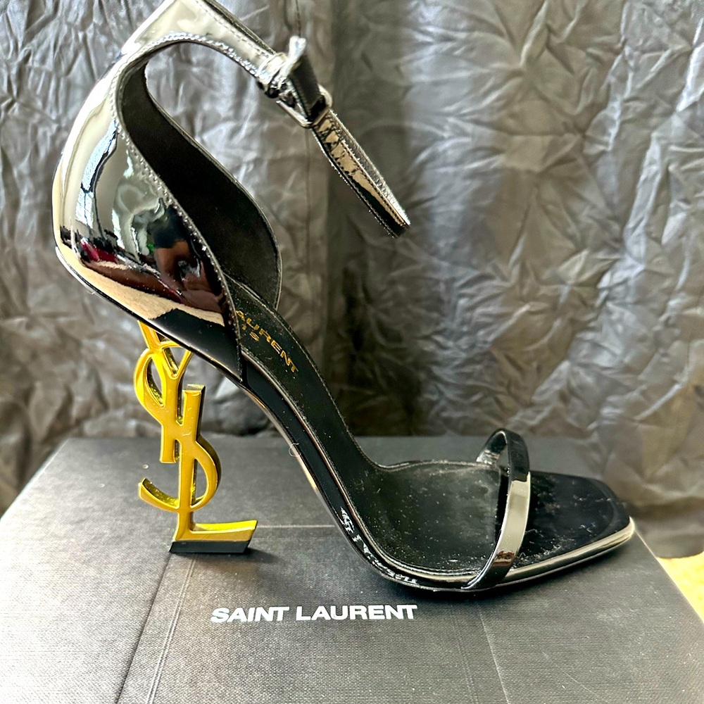 YSL Saint Laurent Black Pattern leather Ladies Shoe with Monogram YSL Heel